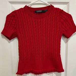 Ralph Lauren Vibrant Red Cable Knit Sweater Small with raw edge on bottom